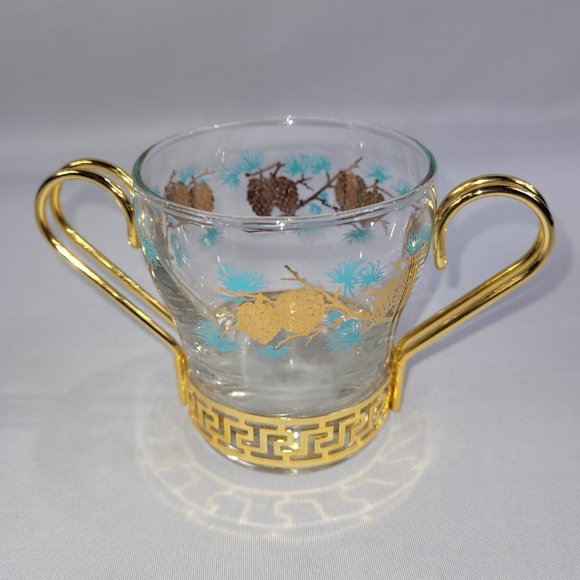 Libbey Creamer & Sugar Bowl Vintage Gold Metal Glass Turquoise Leaf Pinecone Set - Picture 3 of 3